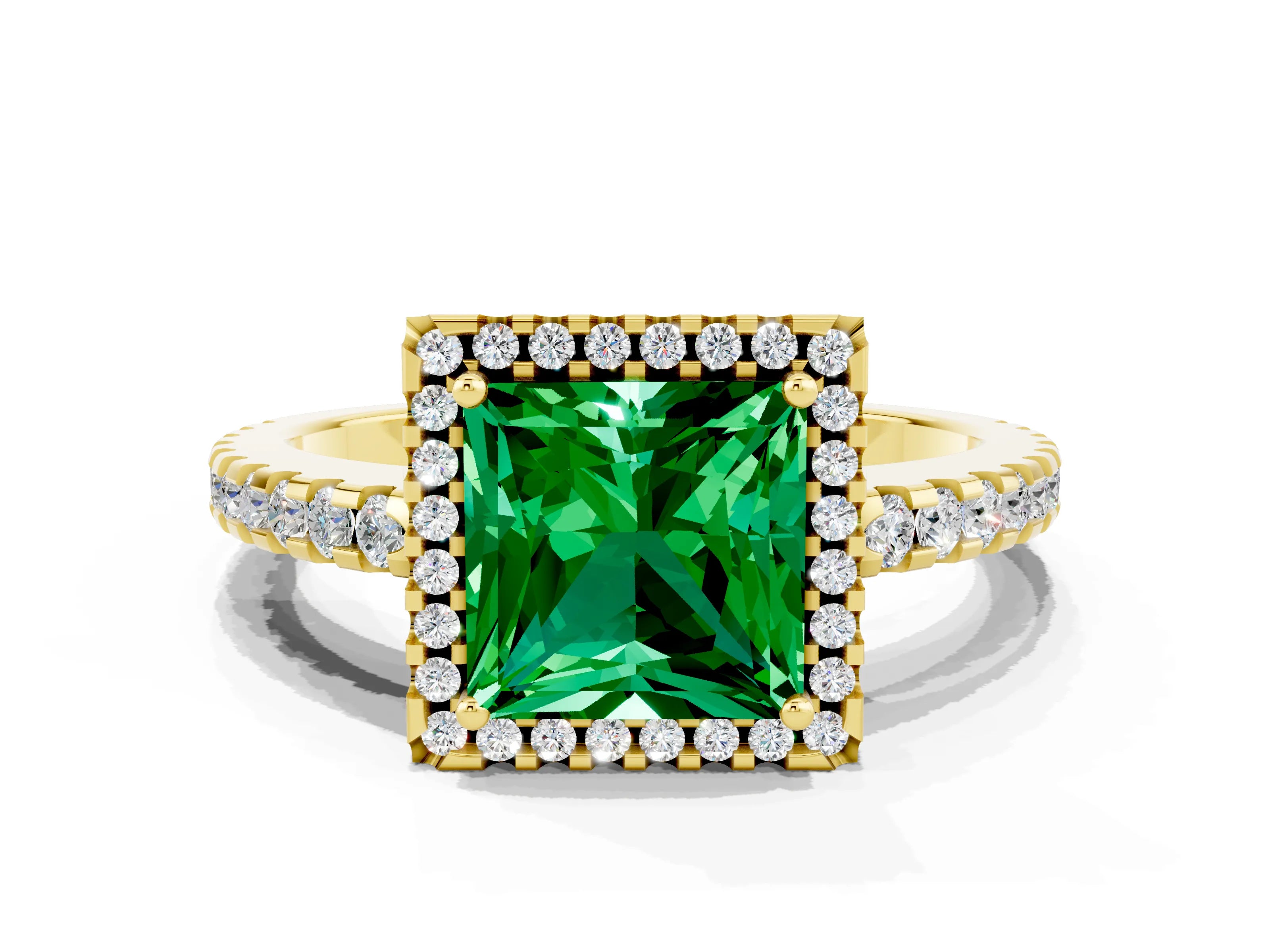 Yellow gold Princess Cut Emerald Halo Engagement Ring with Pavé Band and Prong Setting_12