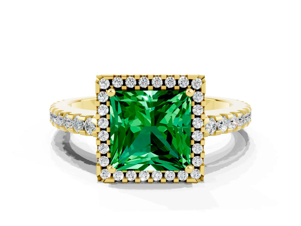 Yellow gold Princess Cut Emerald Halo Engagement Ring with Pavé Band and Prong Setting