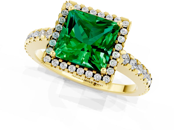 Yellow gold Princess Cut Emerald Halo Engagement Ring with Pavé Band and Prong Setting