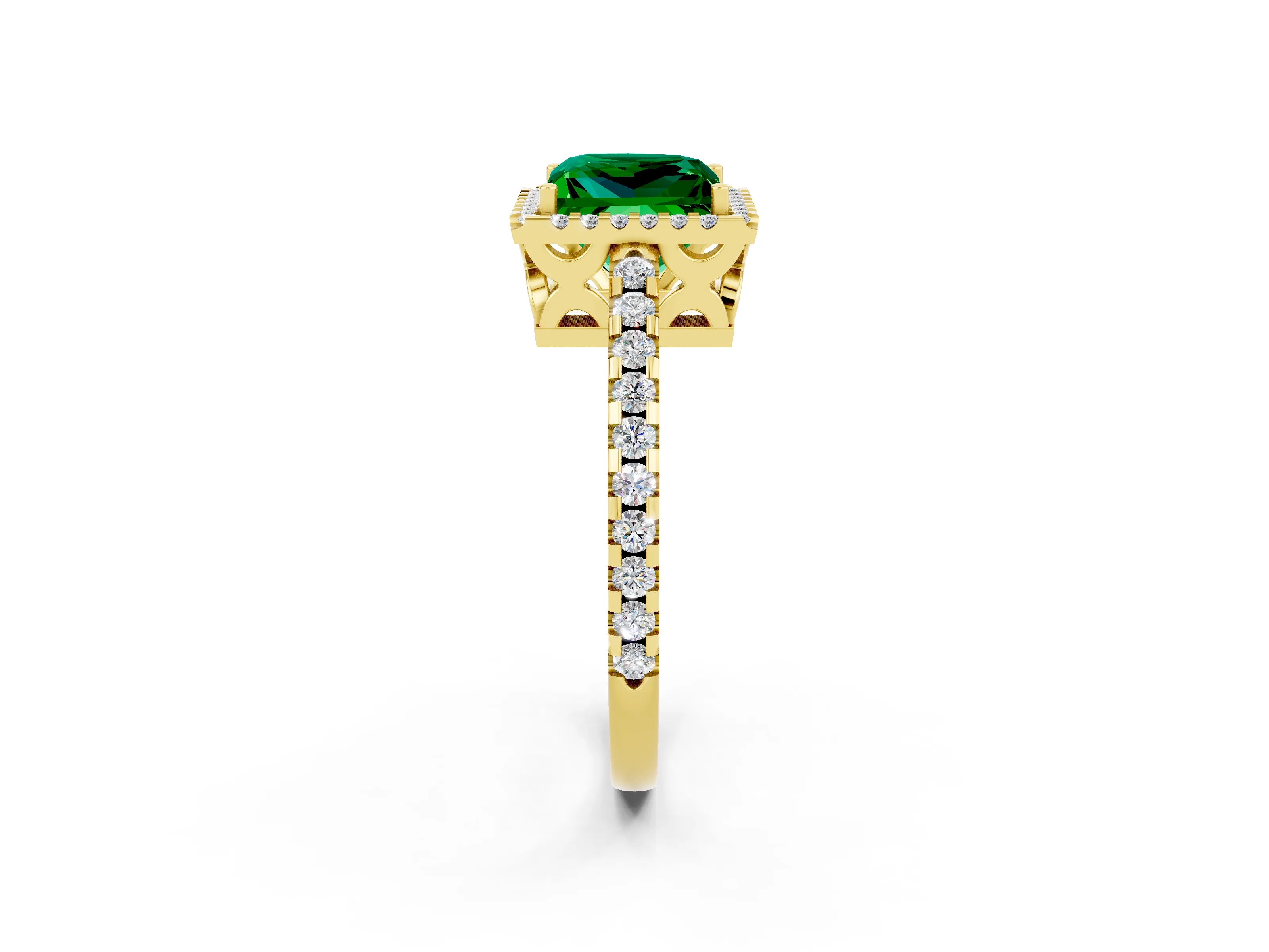 Yellow gold Princess Cut Emerald Halo Engagement Ring with Pavé Band and Prong Setting_14