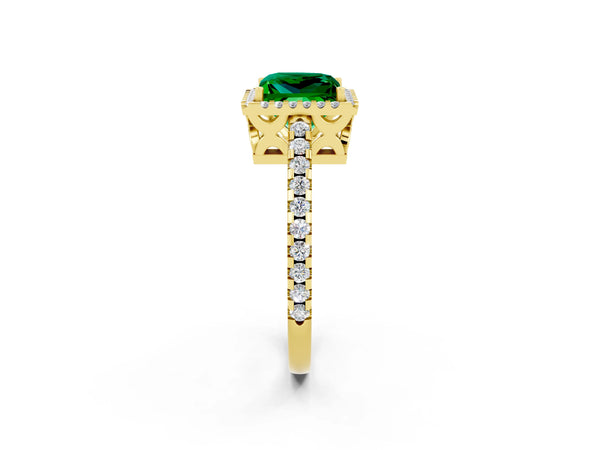 Yellow gold Princess Cut Emerald Halo Engagement Ring with Pavé Band and Prong Setting