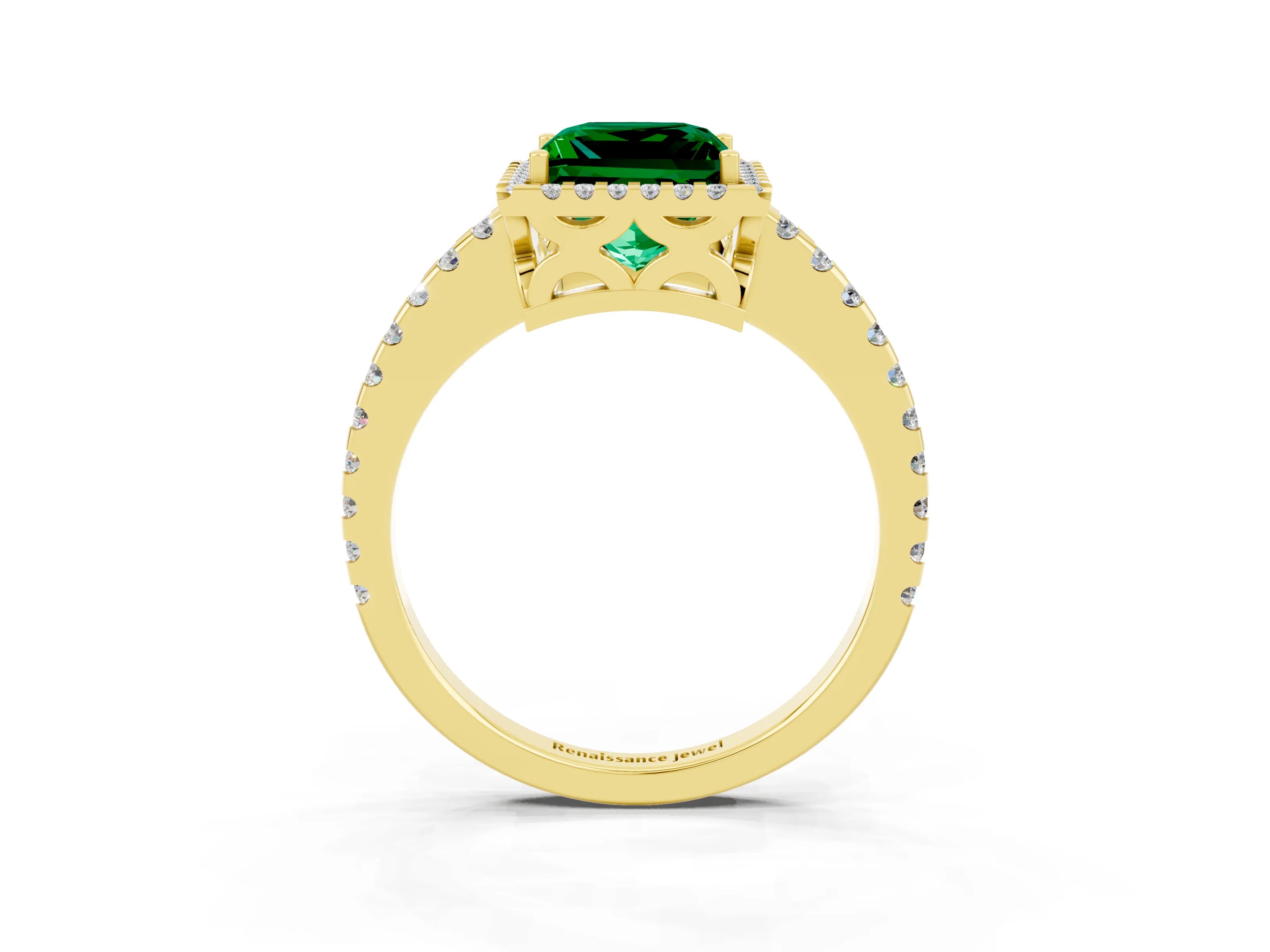 Yellow gold Princess Cut Emerald Halo Engagement Ring with Pavé Band and Prong Setting_15