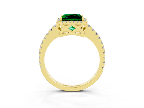Yellow gold Princess Cut Emerald Halo Engagement Ring with Pavé Band and Prong Setting_15