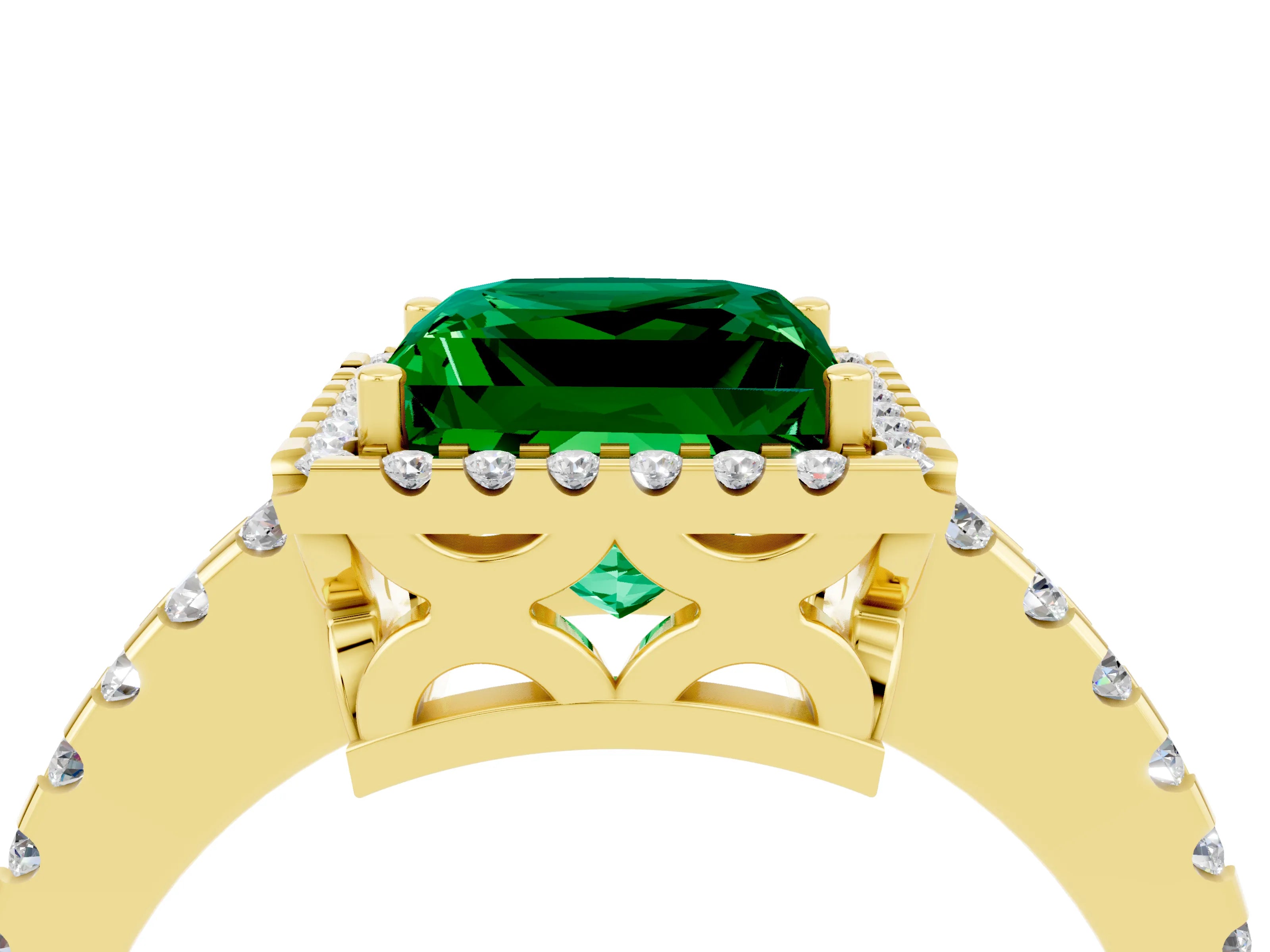 Yellow gold Princess Cut Emerald Halo Engagement Ring with Pavé Band and Prong Setting_16
