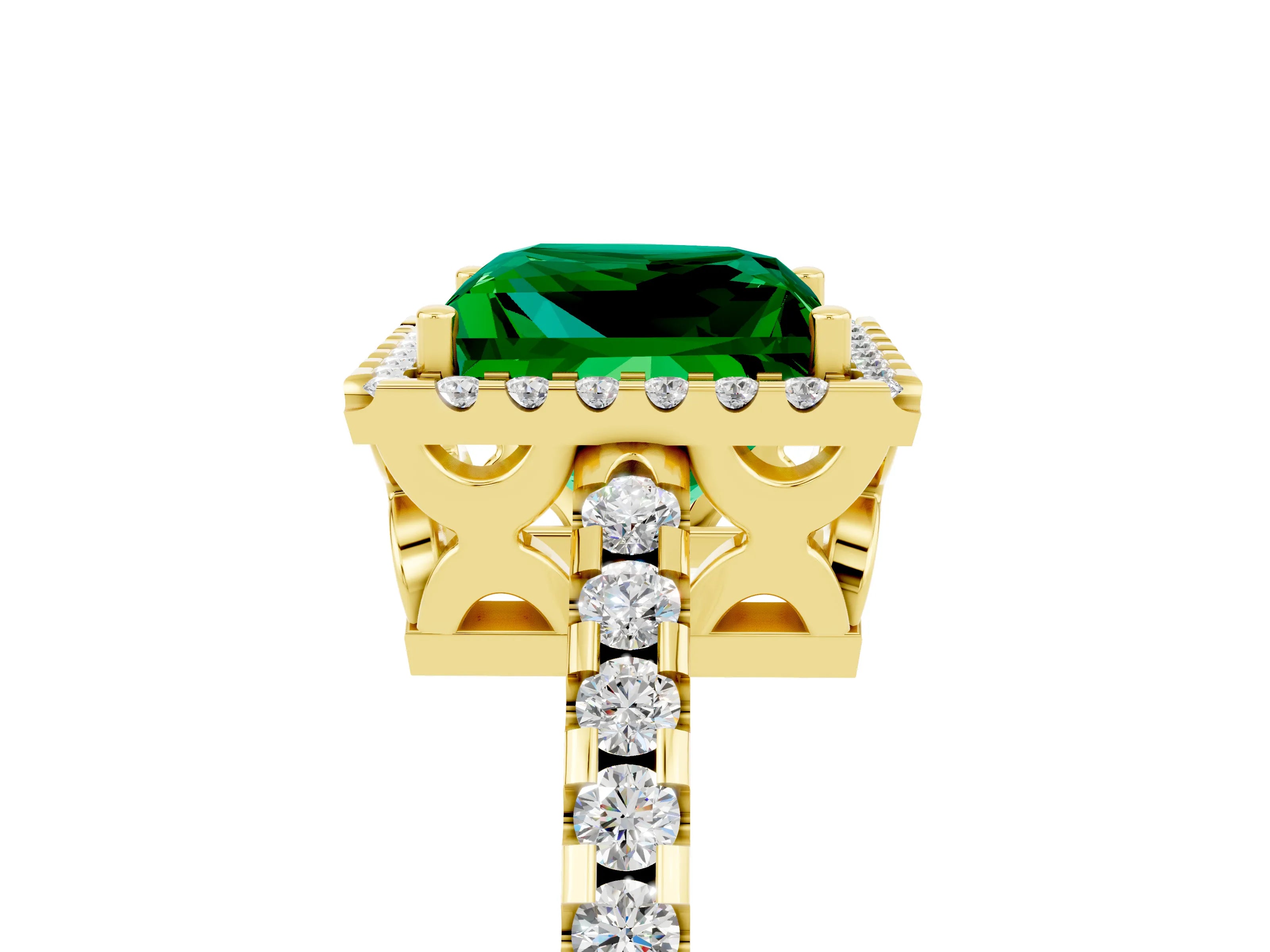 Yellow gold Princess Cut Emerald Halo Engagement Ring with Pavé Band and Prong Setting_17