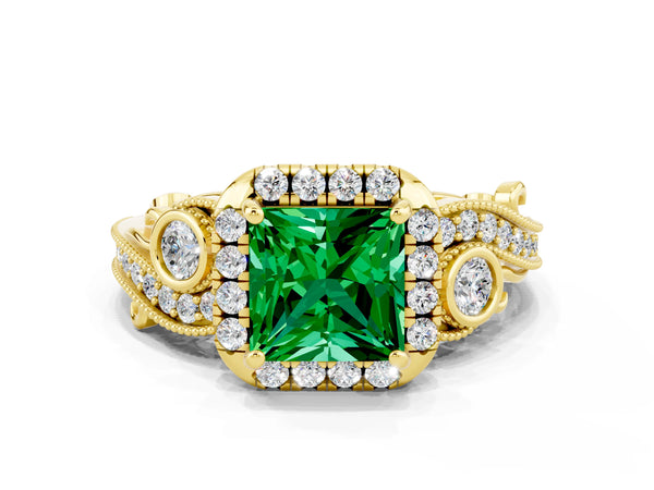 Yellow gold Princess Cut Emerald Halo Ring with Milgrain Pavé Band and Four-Prong Setting