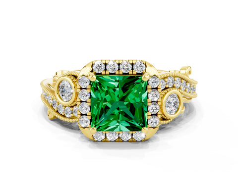 Yellow gold Princess Cut Emerald Halo Ring with Milgrain Pavé Band and Four-Prong Setting_36