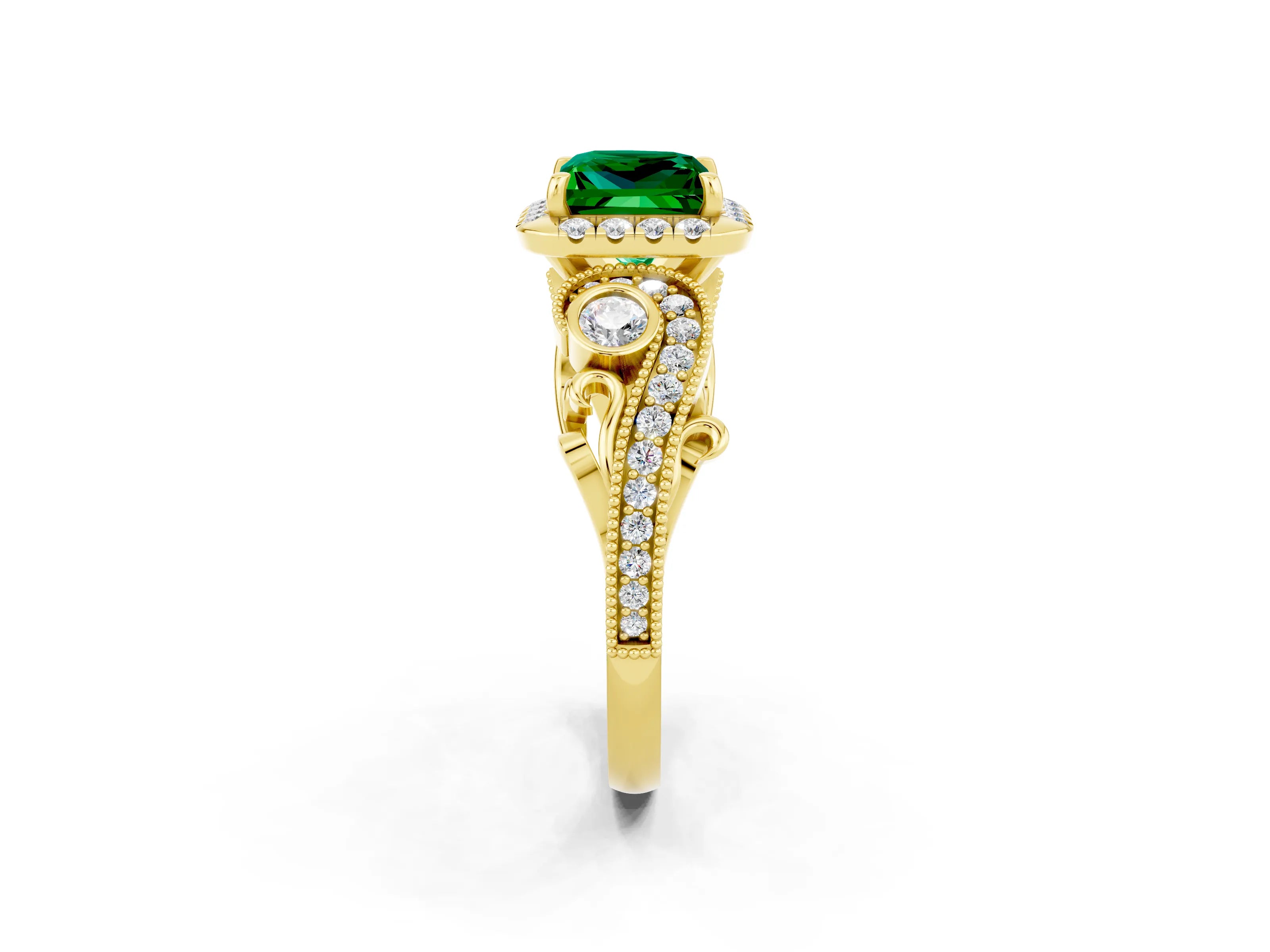Yellow gold Princess Cut Emerald Halo Ring with Milgrain Pavé Band and Four-Prong Setting_38
