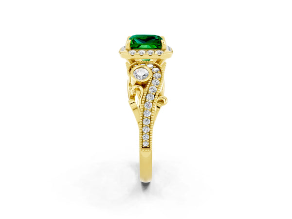 Yellow gold Princess Cut Emerald Halo Ring with Milgrain Pavé Band and Four-Prong Setting