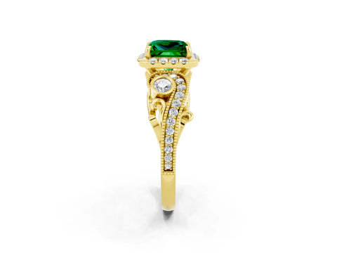 Yellow gold Princess Cut Emerald Halo Ring with Milgrain Pavé Band and Four-Prong Setting_38