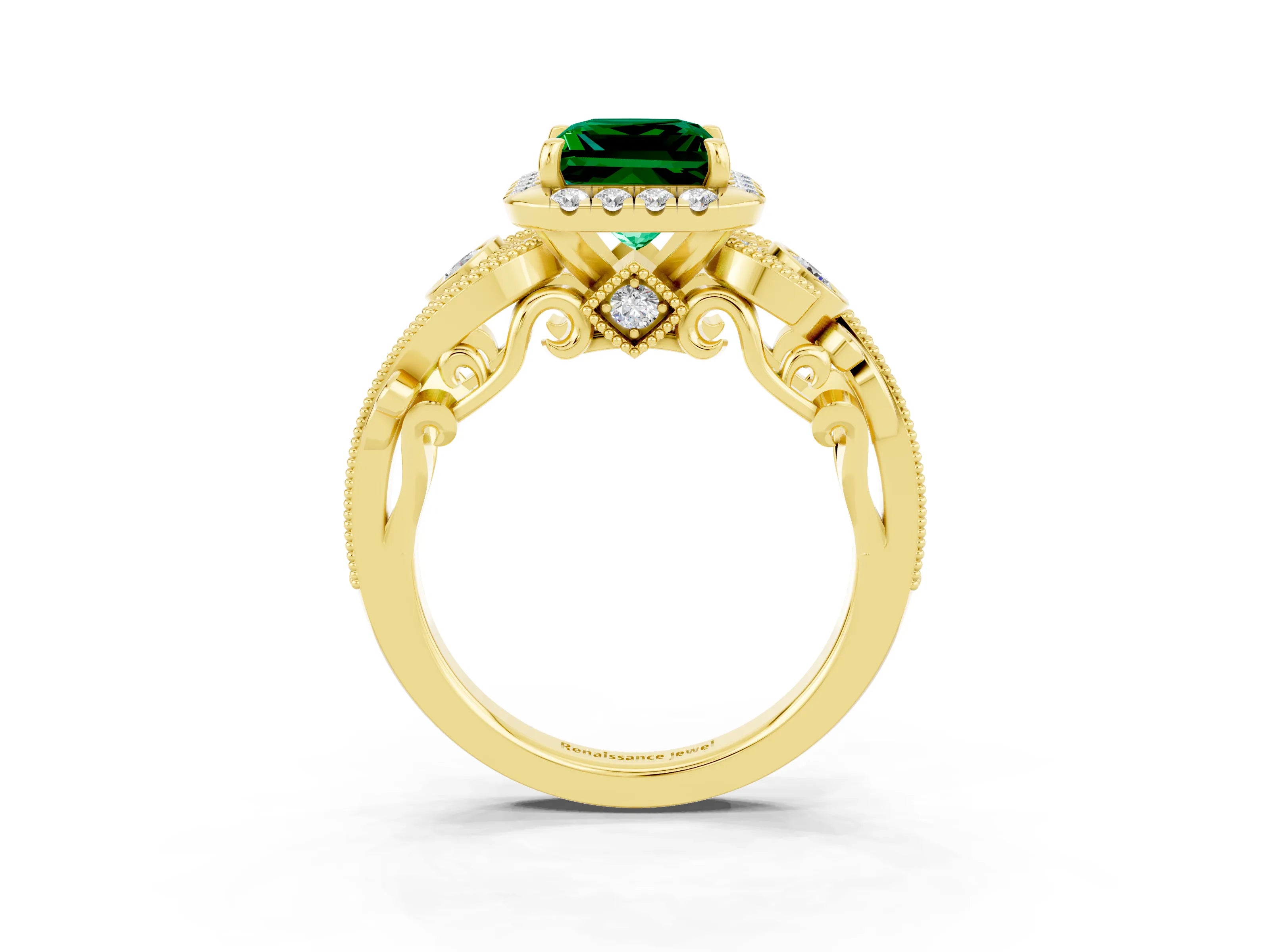 Yellow gold Princess Cut Emerald Halo Ring with Milgrain Pavé Band and Four-Prong Setting_39