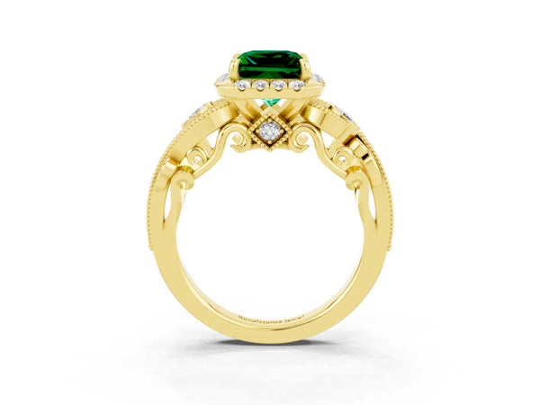 Yellow gold Princess Cut Emerald Halo Ring with Milgrain Pavé Band and Four-Prong Setting