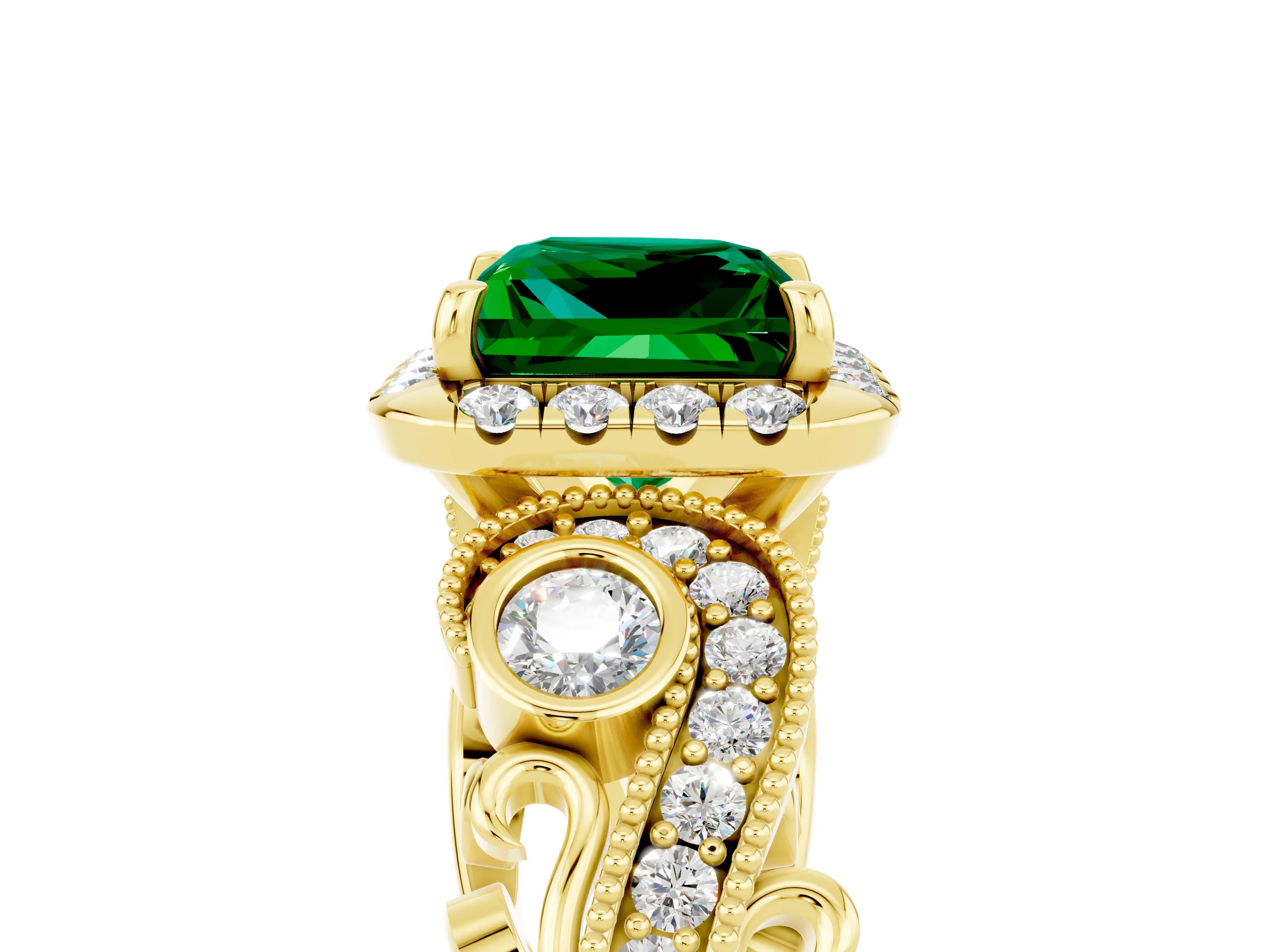 Yellow gold Princess Cut Emerald Halo Ring with Milgrain Pavé Band and Four-Prong Setting_41