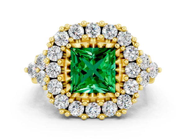 Yellow gold Princess Cut Emerald Halo Ring with Pavé Band and Four-Prong Setting
