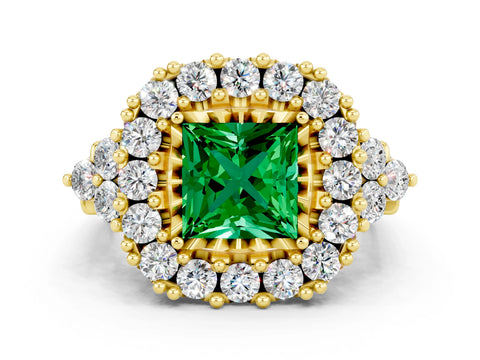 Yellow gold Princess Cut Emerald Halo Ring with Pavé Band and Four-Prong Setting_12