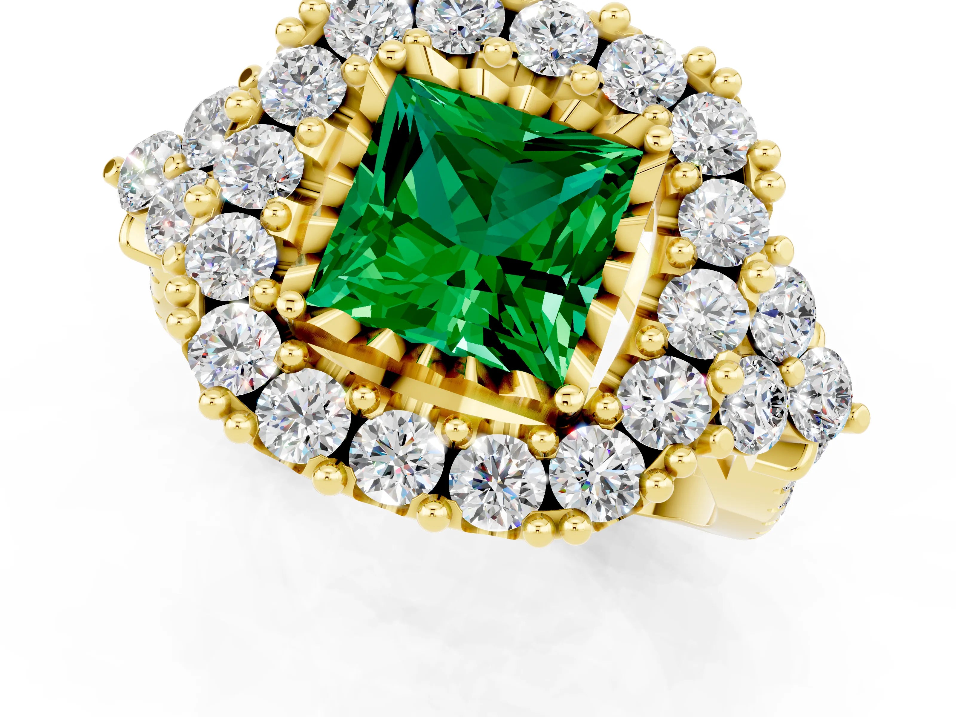 Yellow gold Princess Cut Emerald Halo Ring with Pavé Band and Four-Prong Setting_13