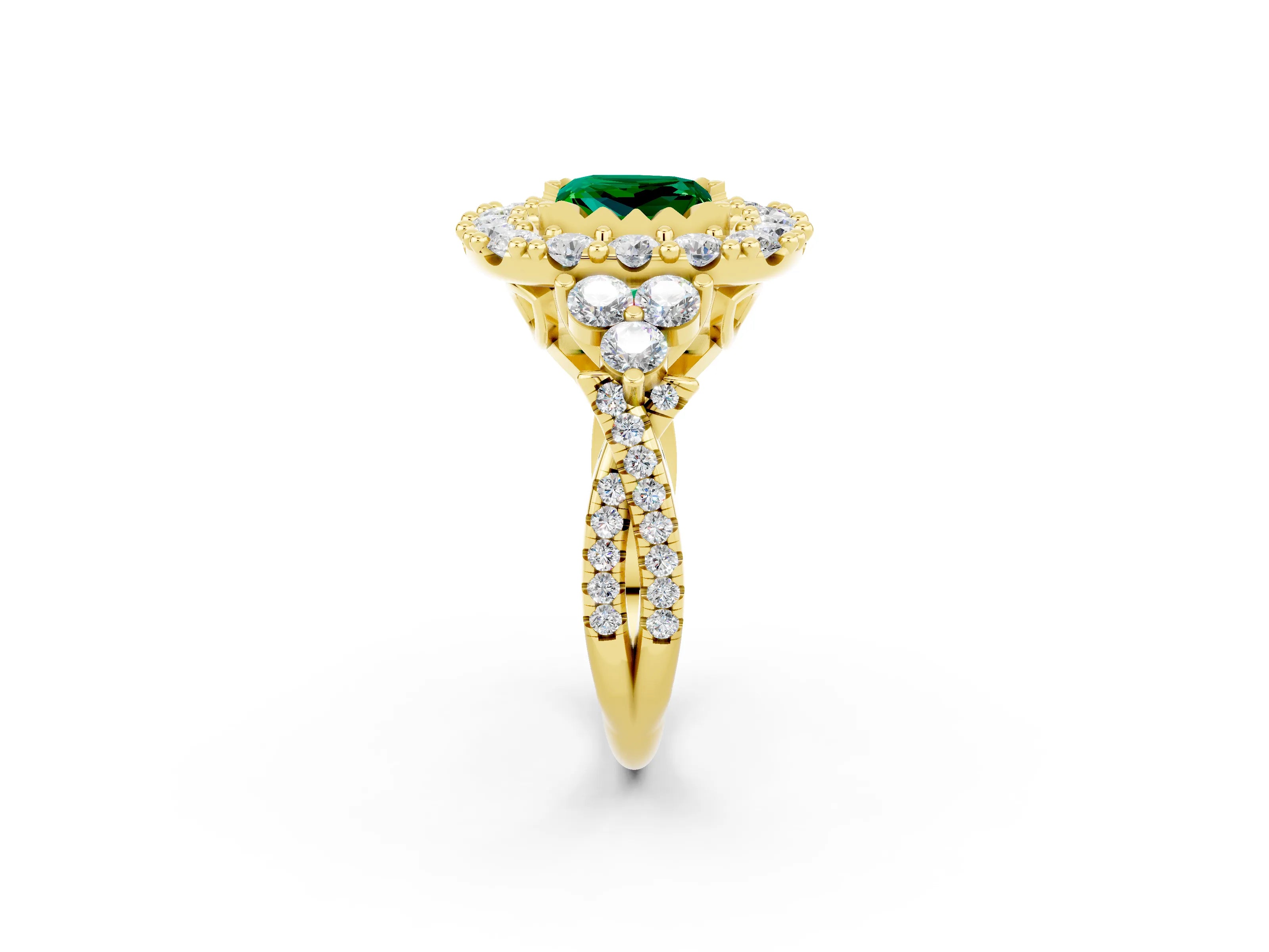 Yellow gold Princess Cut Emerald Halo Ring with Pavé Band and Four-Prong Setting_14