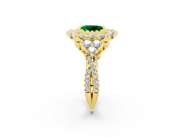 Yellow gold Princess Cut Emerald Halo Ring with Pavé Band and Four-Prong Setting
