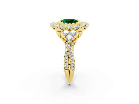 Yellow gold Princess Cut Emerald Halo Ring with Pavé Band and Four-Prong Setting_14