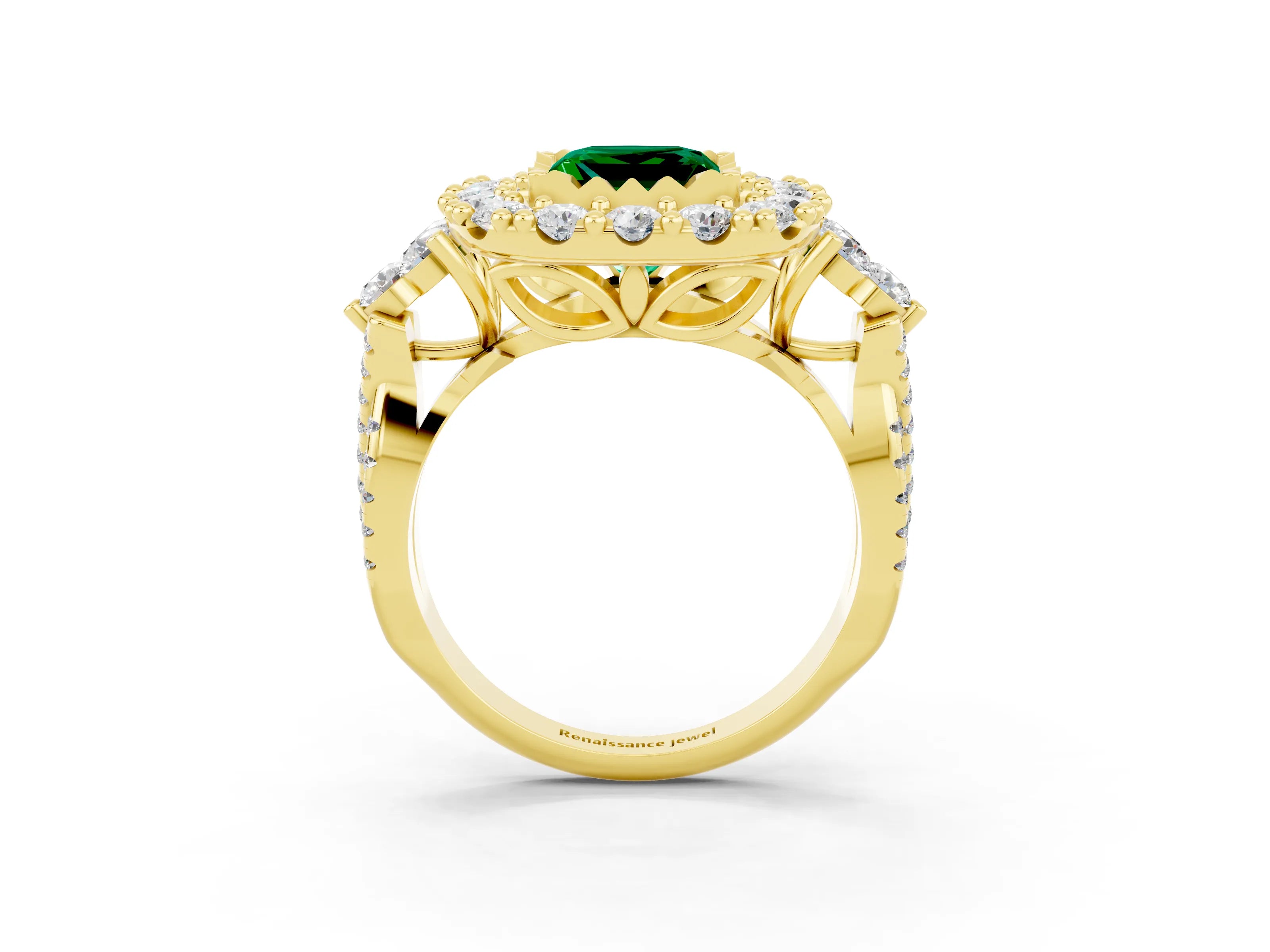 Yellow gold Princess Cut Emerald Halo Ring with Pavé Band and Four-Prong Setting_15