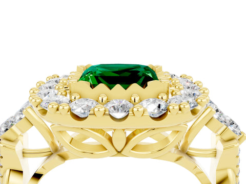 Yellow gold Princess Cut Emerald Halo Ring with Pavé Band and Four-Prong Setting_16