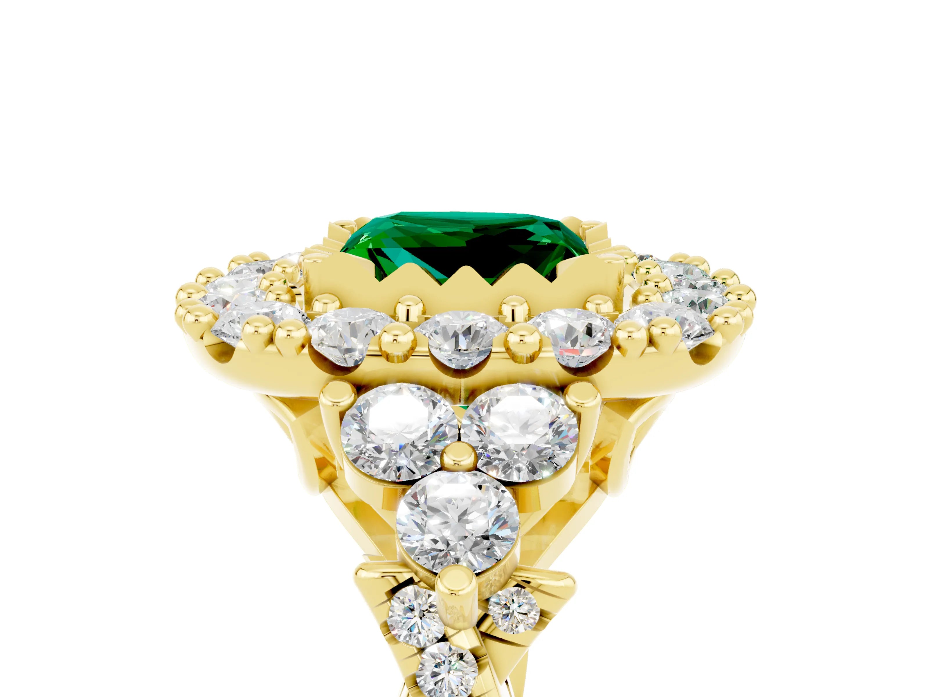 Yellow gold Princess Cut Emerald Halo Ring with Pavé Band and Four-Prong Setting_17