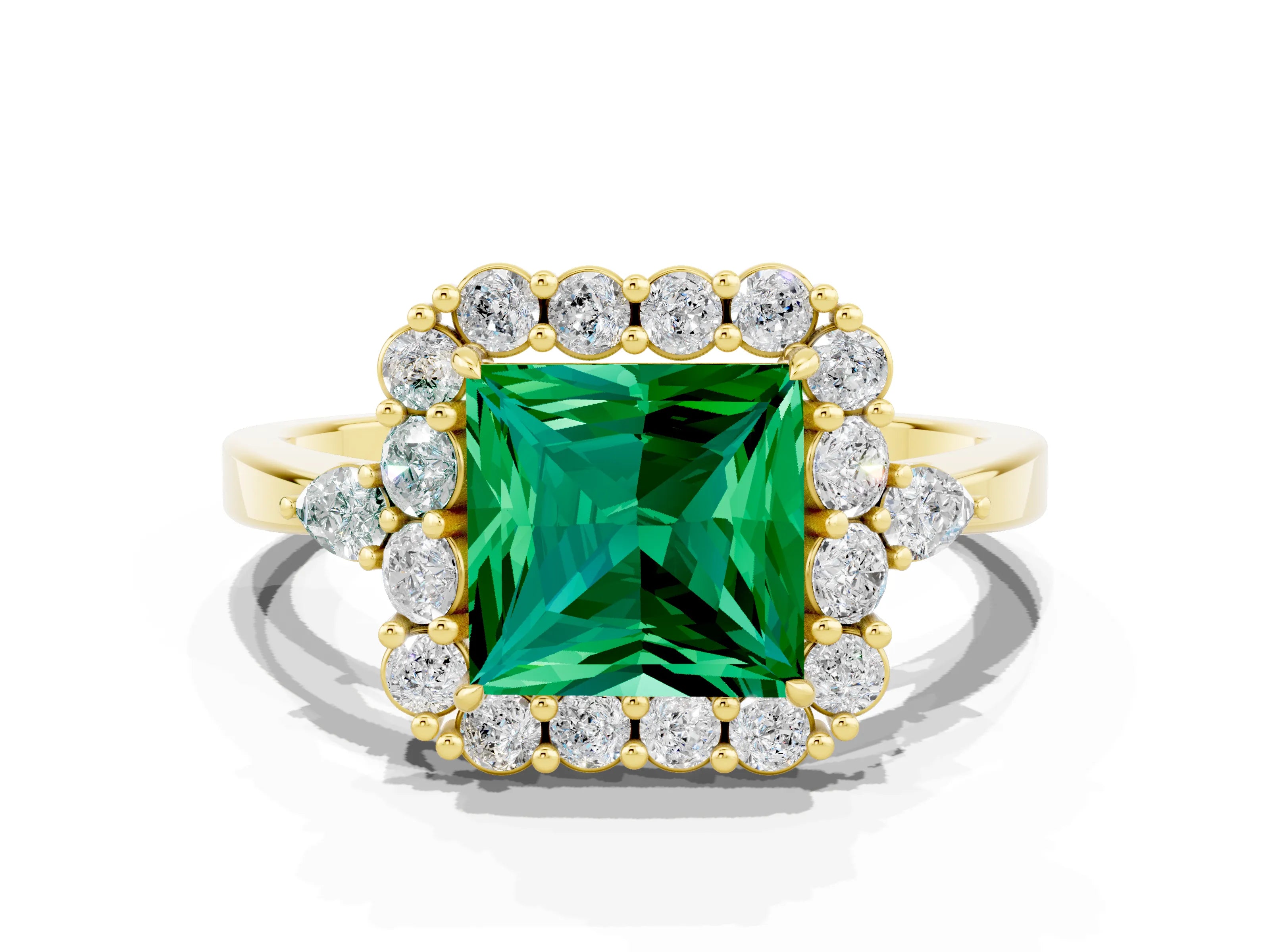 Yellow gold Princess Cut Emerald Halo Ring with Pear Side Stones and Prong Setting_12