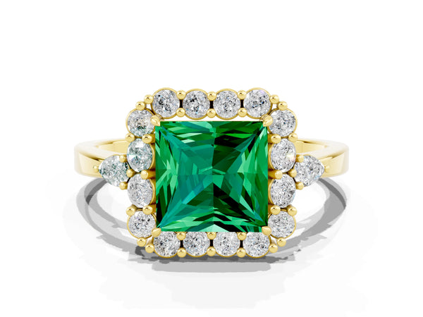 Yellow gold Princess Cut Emerald Halo Ring with Pear Side Stones and Prong Setting