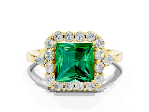 Yellow gold Princess Cut Emerald Halo Ring with Pear Side Stones and Prong Setting_12