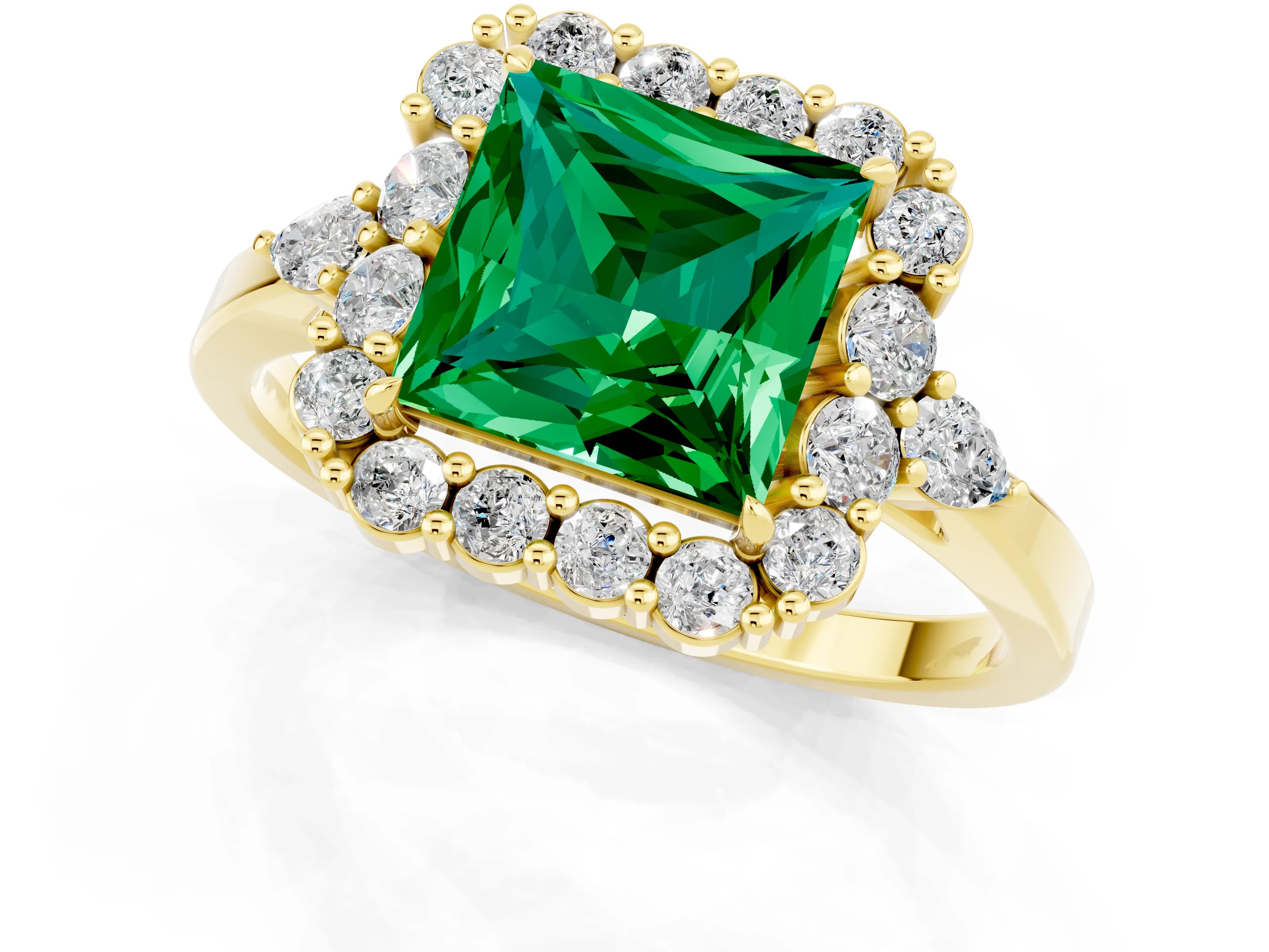 Yellow gold Princess Cut Emerald Halo Ring with Pear Side Stones and Prong Setting_13