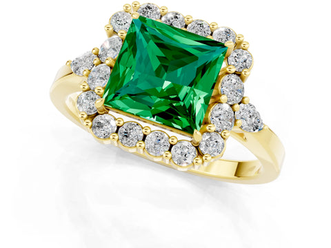 Yellow gold Princess Cut Emerald Halo Ring with Pear Side Stones and Prong Setting_13