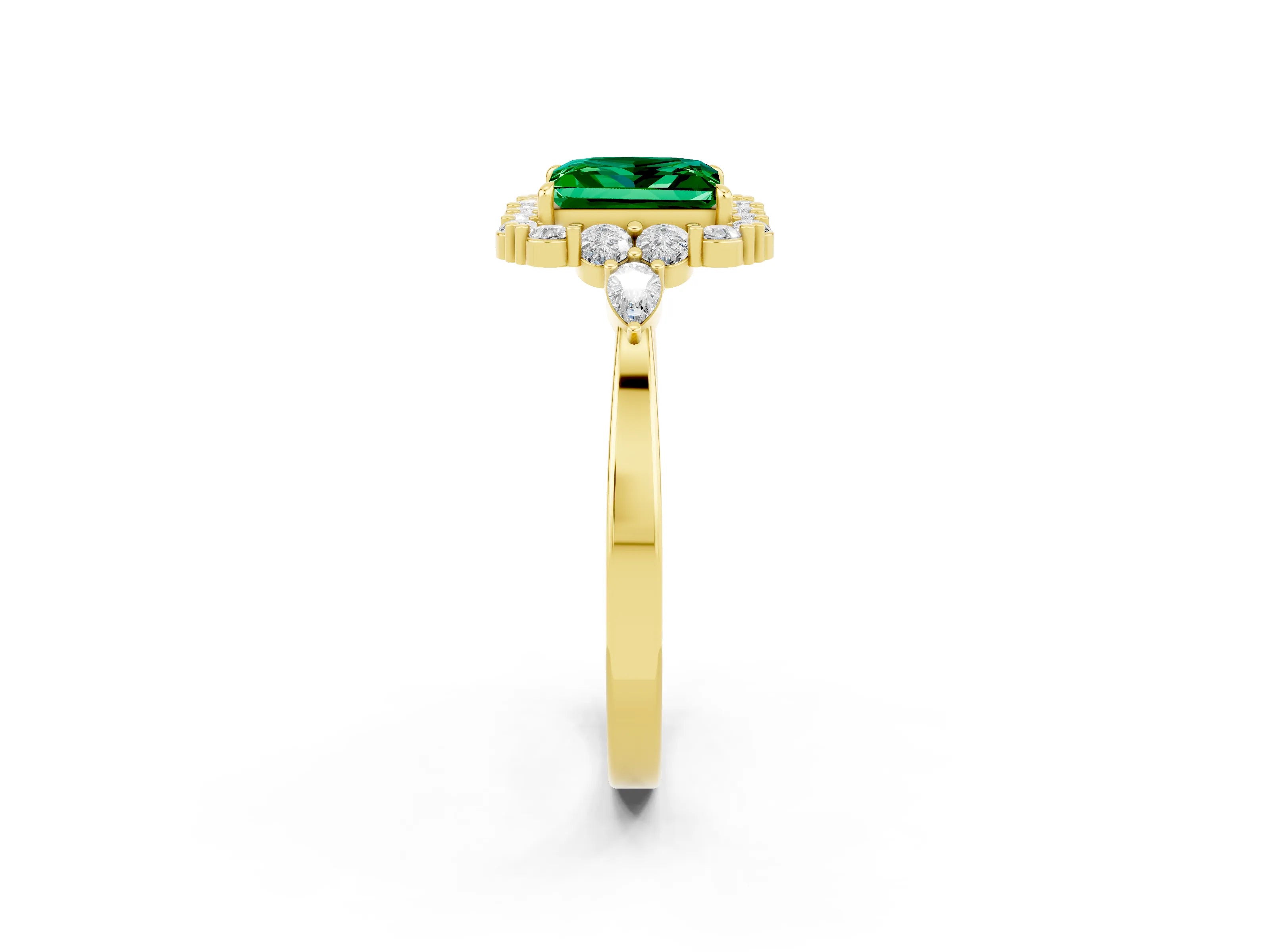 Yellow gold Princess Cut Emerald Halo Ring with Pear Side Stones and Prong Setting_14