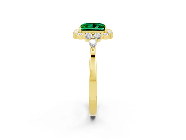 Yellow gold Princess Cut Emerald Halo Ring with Pear Side Stones and Prong Setting