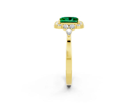 Yellow gold Princess Cut Emerald Halo Ring with Pear Side Stones and Prong Setting_14