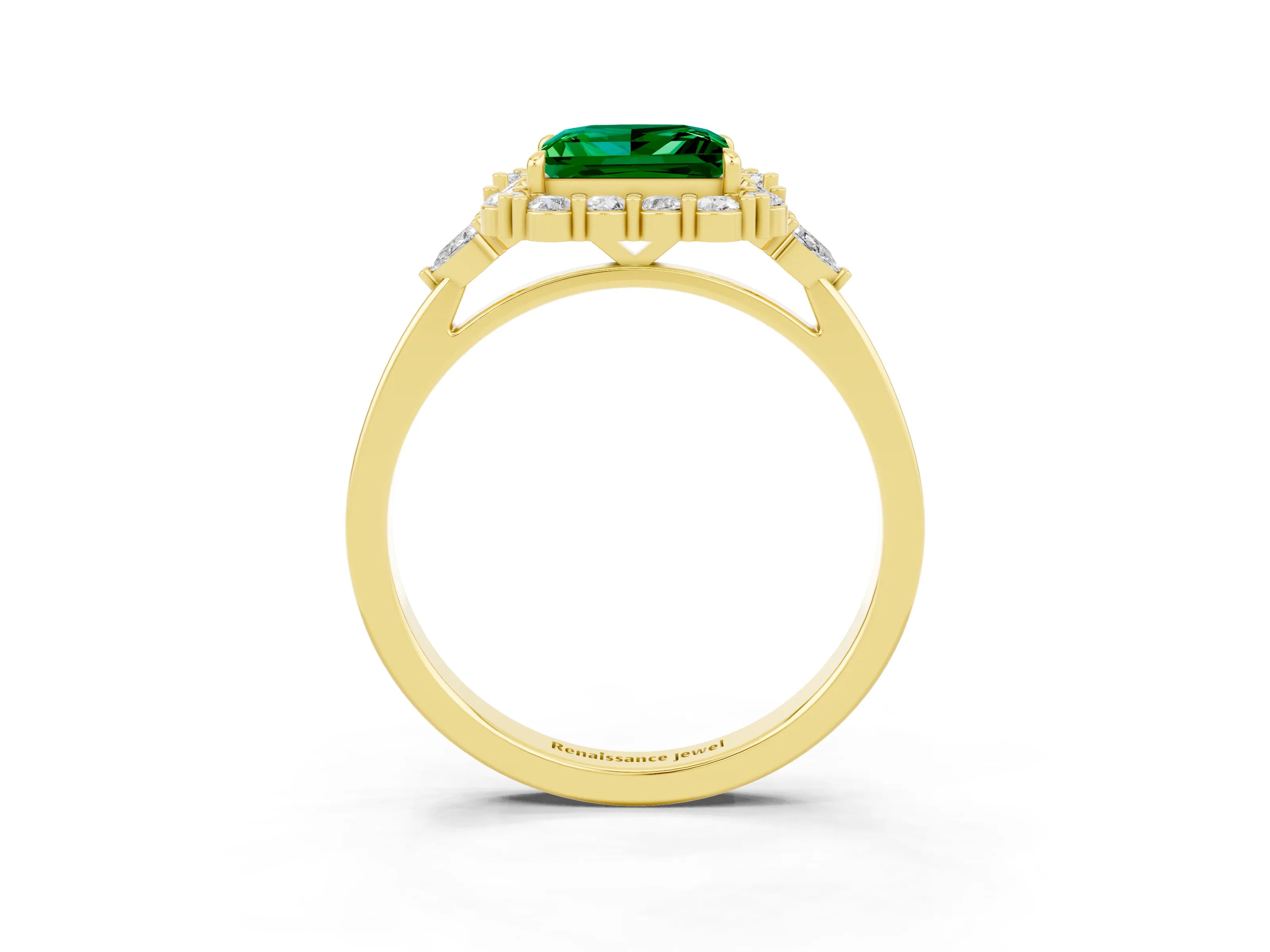 Yellow gold Princess Cut Emerald Halo Ring with Pear Side Stones and Prong Setting_15