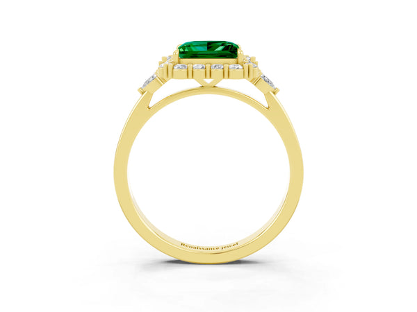 Yellow gold Princess Cut Emerald Halo Ring with Pear Side Stones and Prong Setting
