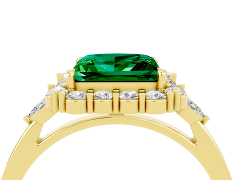 Yellow gold Princess Cut Emerald Halo Ring with Pear Side Stones and Prong Setting_16
