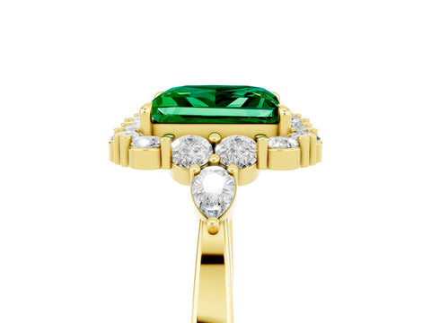 Yellow gold Princess Cut Emerald Halo Ring with Pear Side Stones and Prong Setting_17