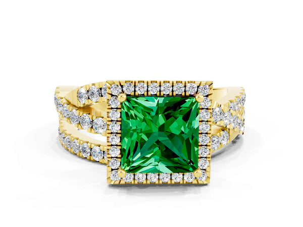 Yellow gold Princess Cut Emerald Halo Ring with Round Split Shank and Prong Setting