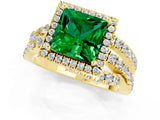 Yellow gold Princess Cut Emerald Halo Ring with Round Split Shank and Prong Setting_49