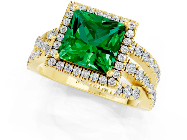 Yellow gold Princess Cut Emerald Halo Ring with Round Split Shank and Prong Setting
