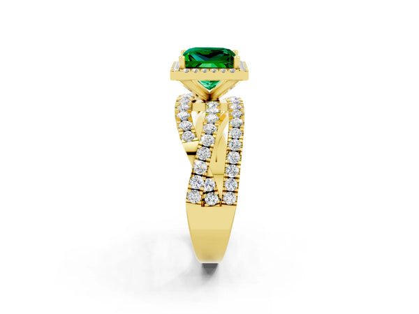 Yellow gold Princess Cut Emerald Halo Ring with Round Split Shank and Prong Setting