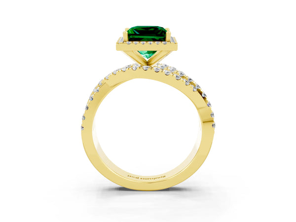 Yellow gold Princess Cut Emerald Halo Ring with Round Split Shank and Prong Setting