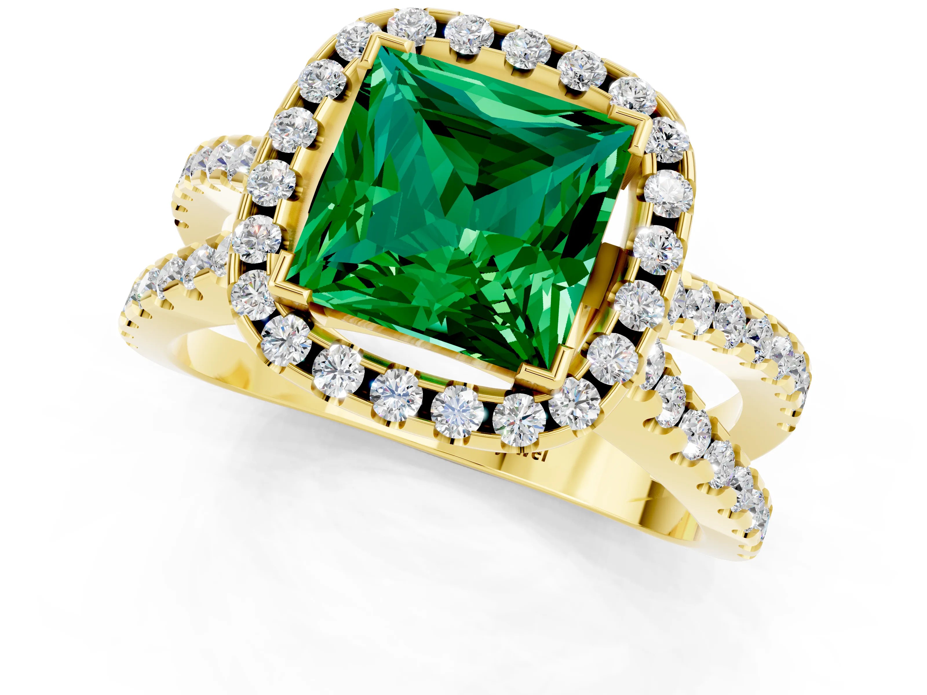 Yellow gold Princess Cut Emerald Halo Ring with Split Shank Pavé Band and Prong Setting_1