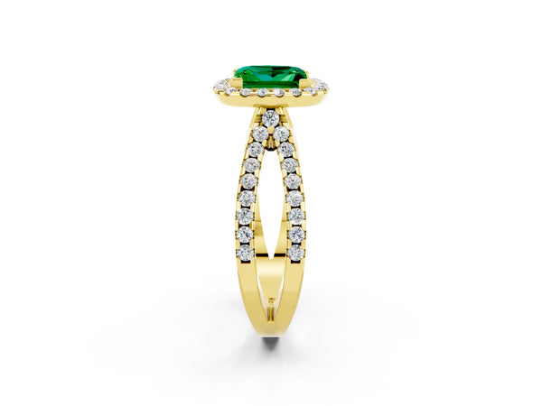 Yellow gold Princess Cut Emerald Halo Ring with Split Shank Pavé Band and Prong Setting