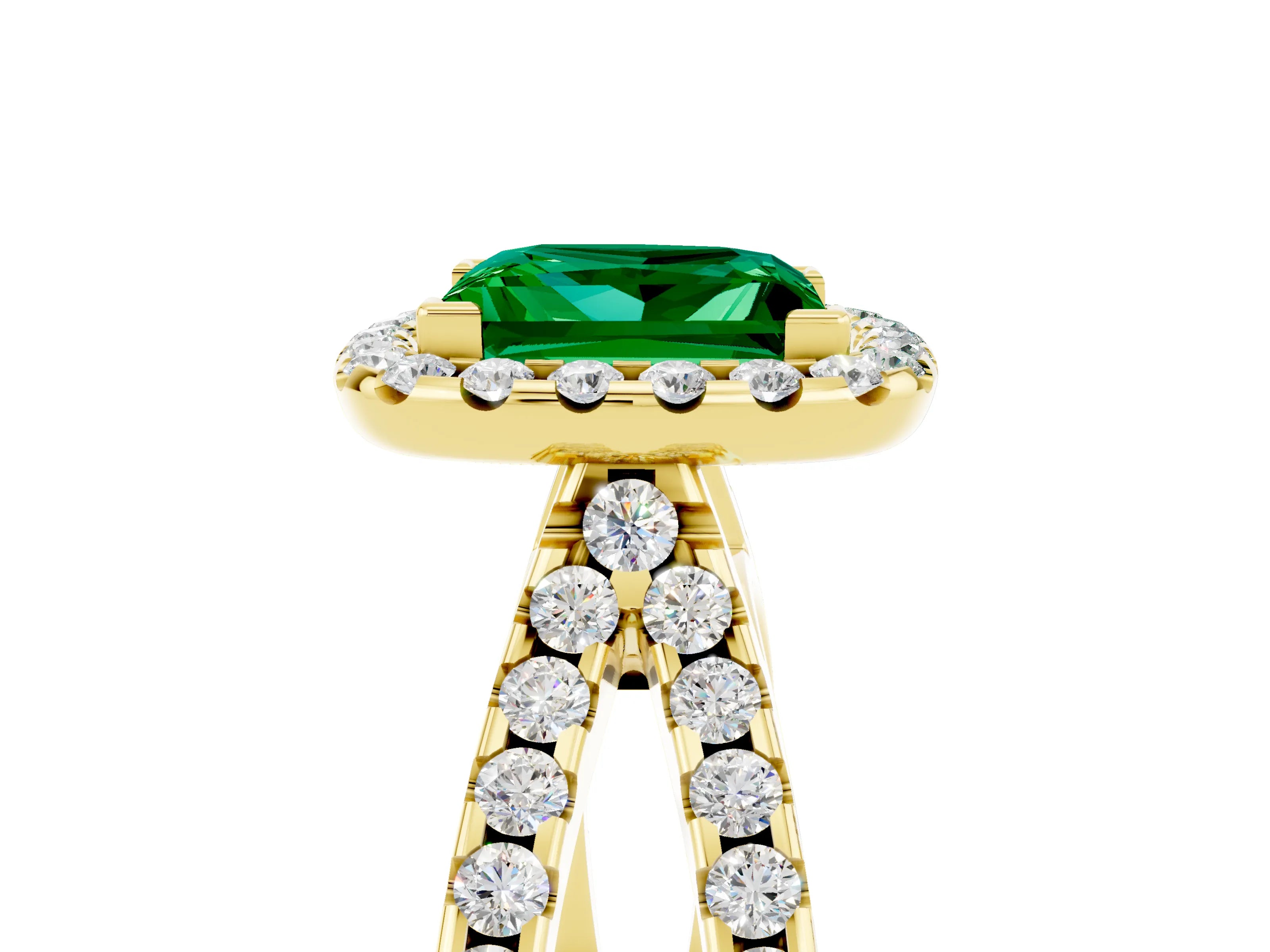 Yellow gold Princess Cut Emerald Halo Ring with Split Shank Pavé Band and Prong Setting_5