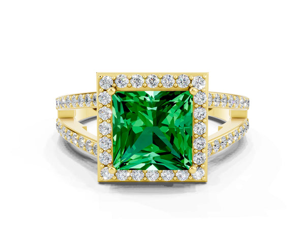 Yellow gold Princess Cut Emerald Halo Ring with Split Shank U-Prong Band and Four-Prong Setting