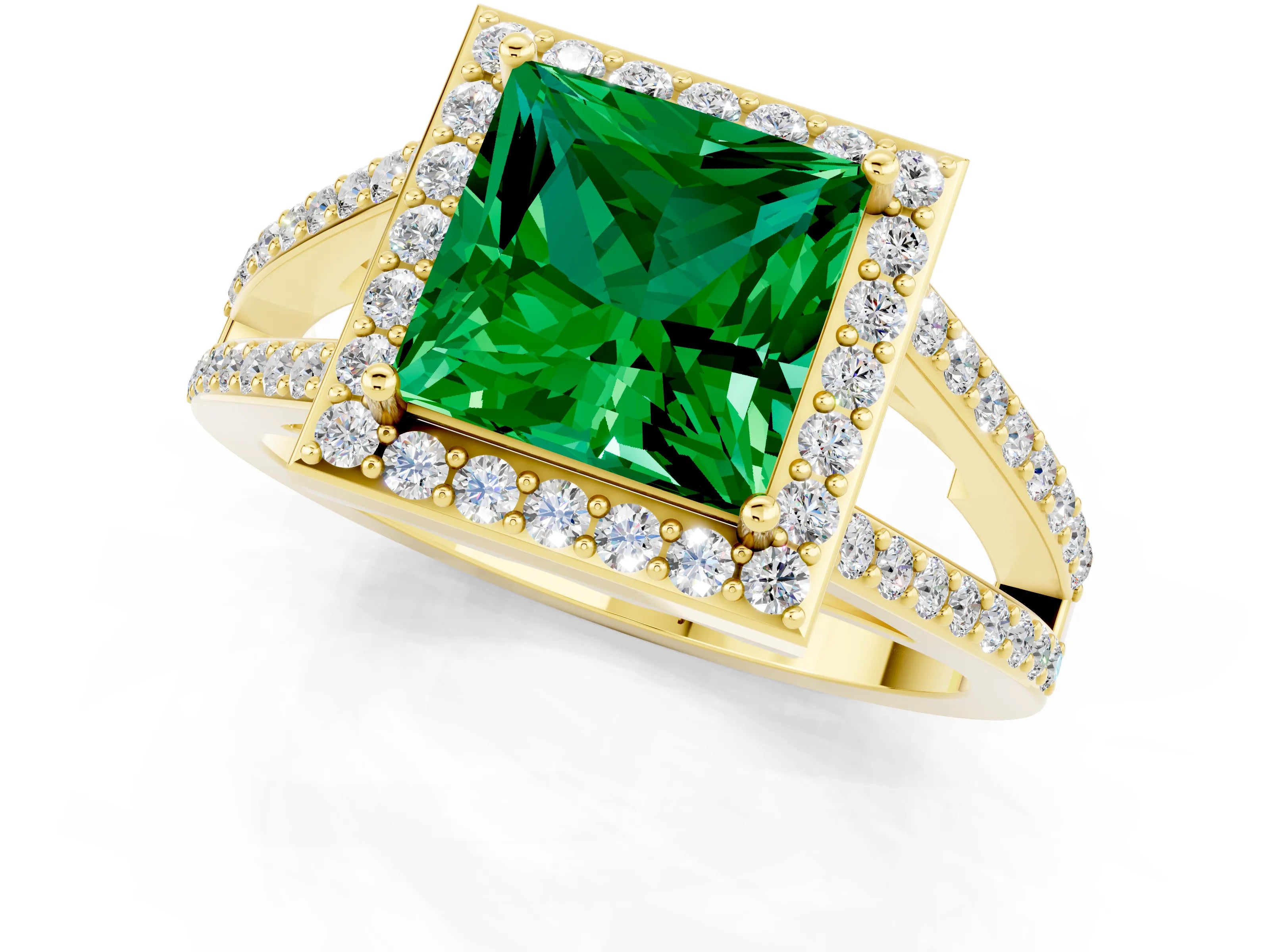 Yellow gold Princess Cut Emerald Halo Ring with Split Shank U-Prong Band and Four-Prong Setting_1