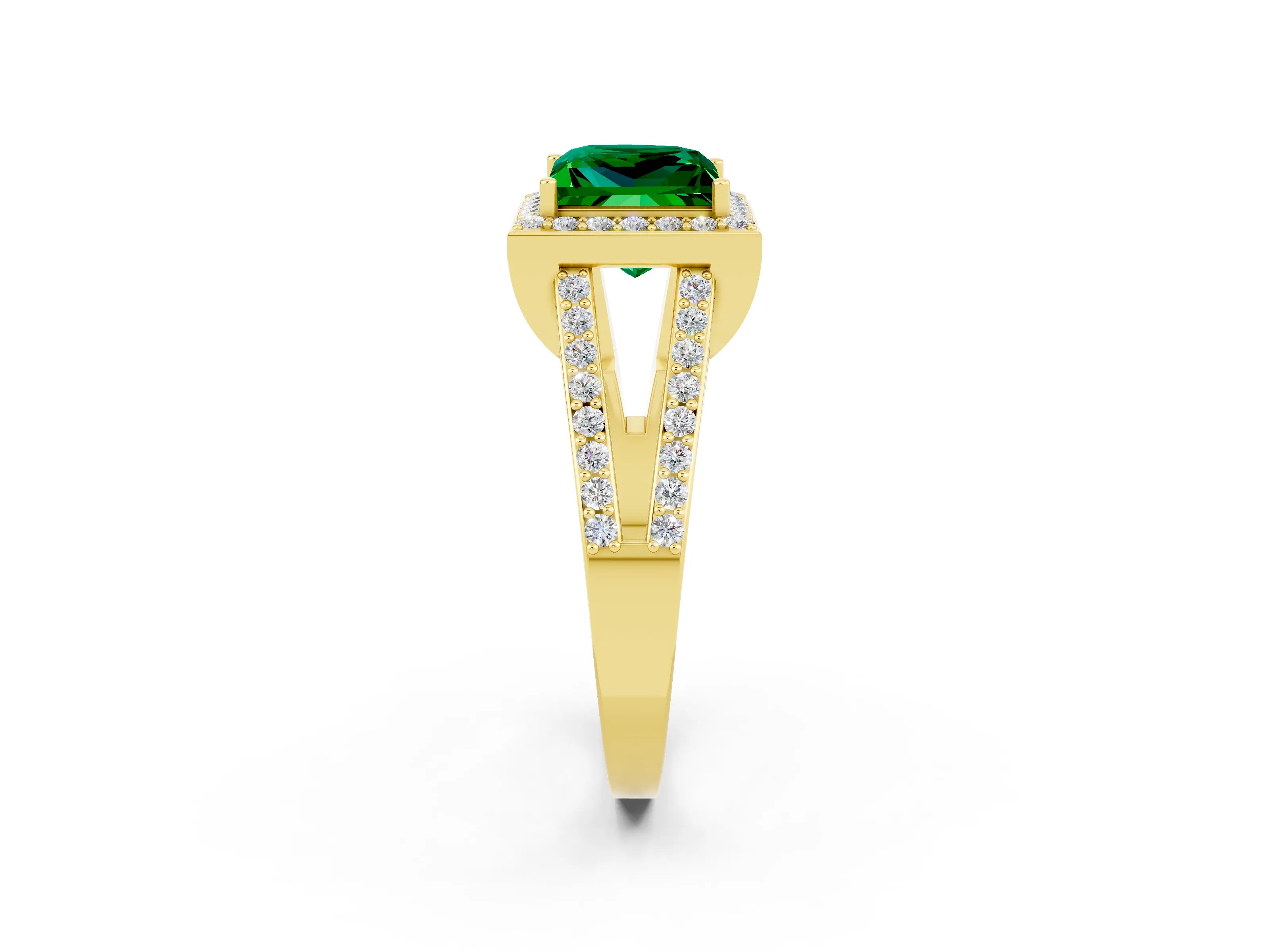 Yellow gold Princess Cut Emerald Halo Ring with Split Shank U-Prong Band and Four-Prong Setting_2