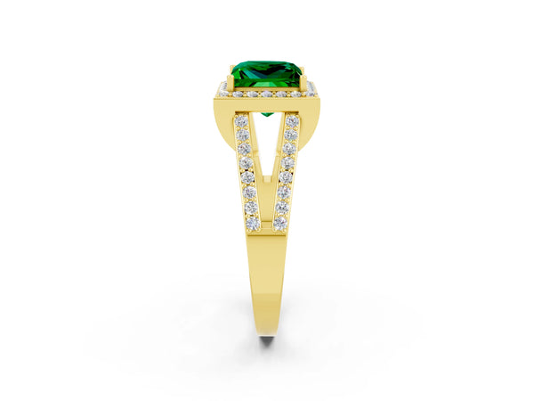 Yellow gold Princess Cut Emerald Halo Ring with Split Shank U-Prong Band and Four-Prong Setting